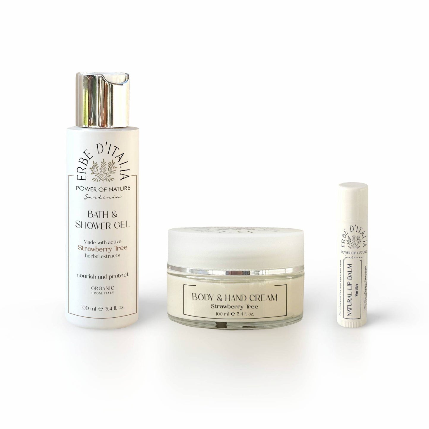 Italy Gift Set: Strawberry Tree Body Wash, Body Cream & Vanilla Lip Balm | Deep Hydration | Organic Ingredients | Teacher care Package
