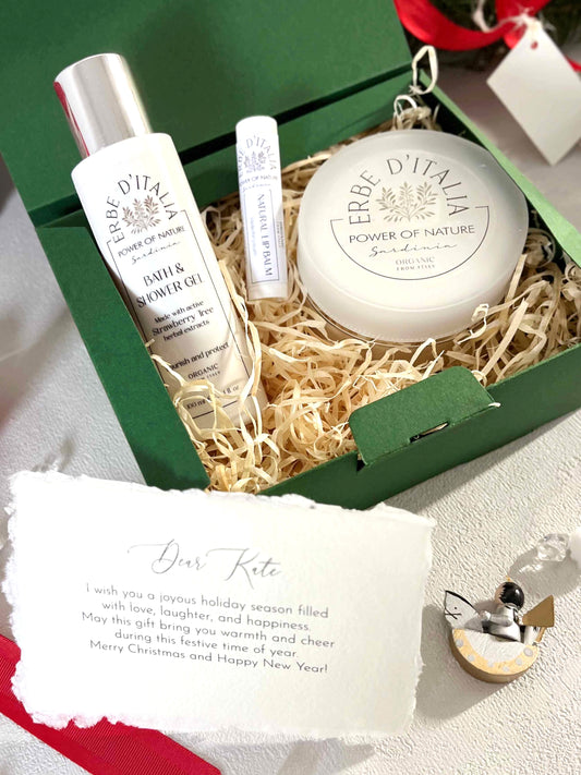 Italy Gift Set: Strawberry Tree Body Wash, Body Cream & Vanilla Lip Balm | Deep Hydration | Organic Ingredients | Teacher care Package